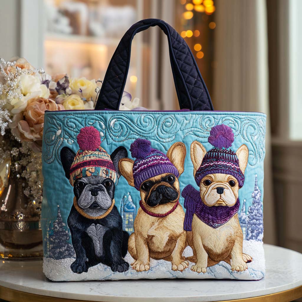 Winter French Bulldog Quilted Tote Bag Best Ladies Tote Bags Best Christmas Gifts For Girlfriend