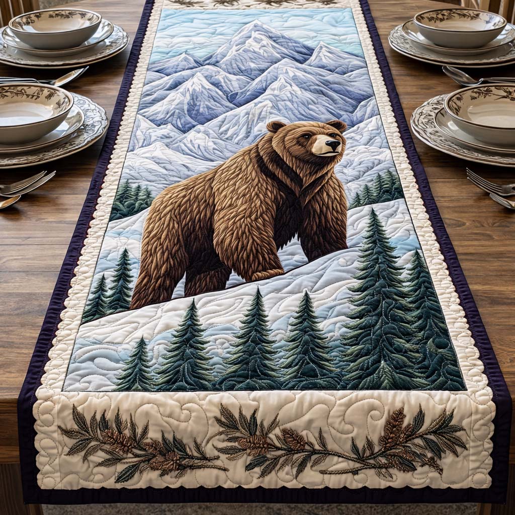 Winter Guardian Quilted Table Runner Long Dining Table Runner Bear Gifts For Her