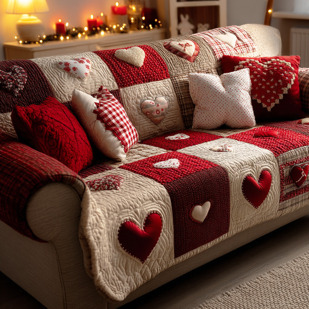 Winter Heart Charm Quilted Sofa Cover Home Decor Valentine Gift Ideas