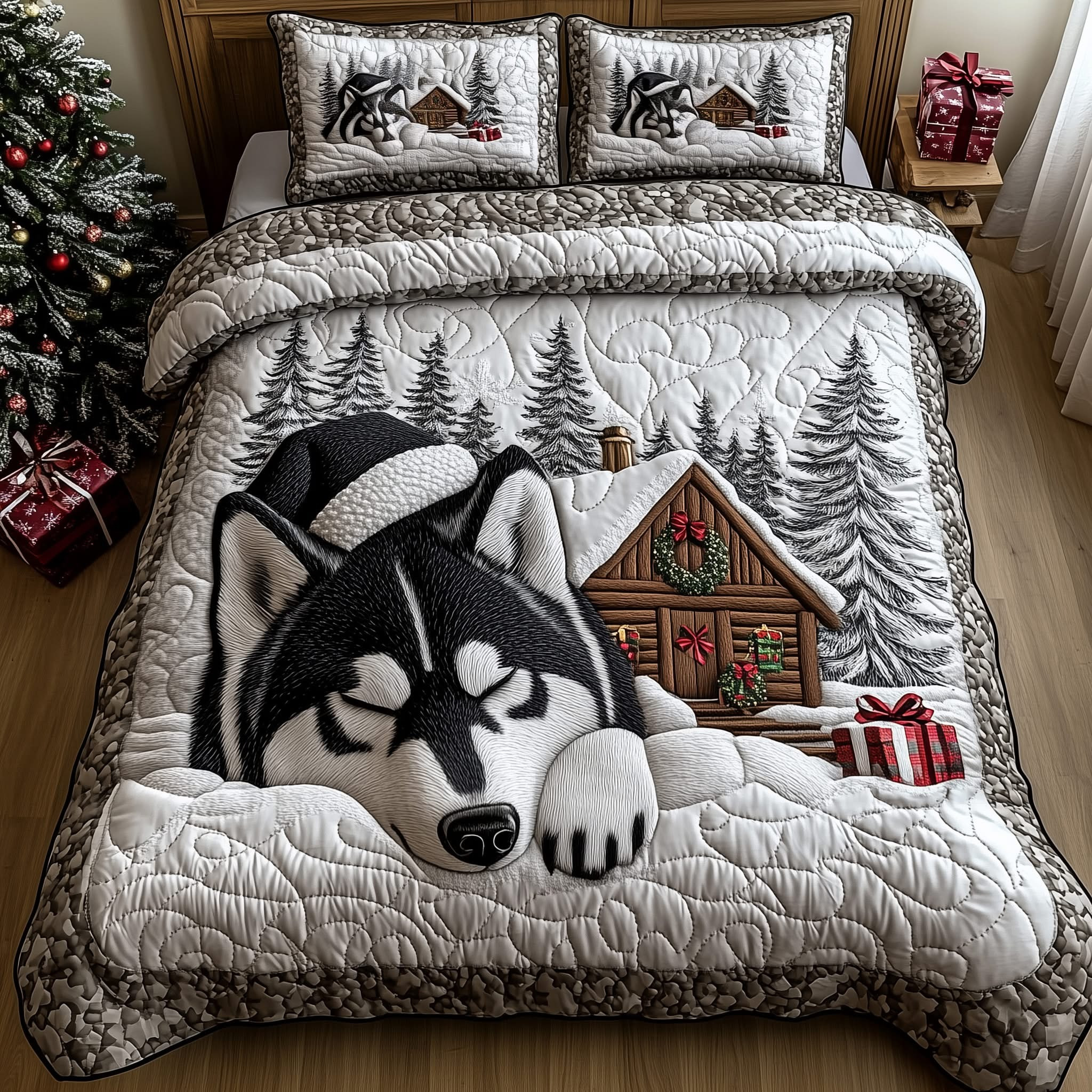 Winter Husky Charm Christmas Quilted Bedding Set Duvet Cover Gifts For Husky Owners
