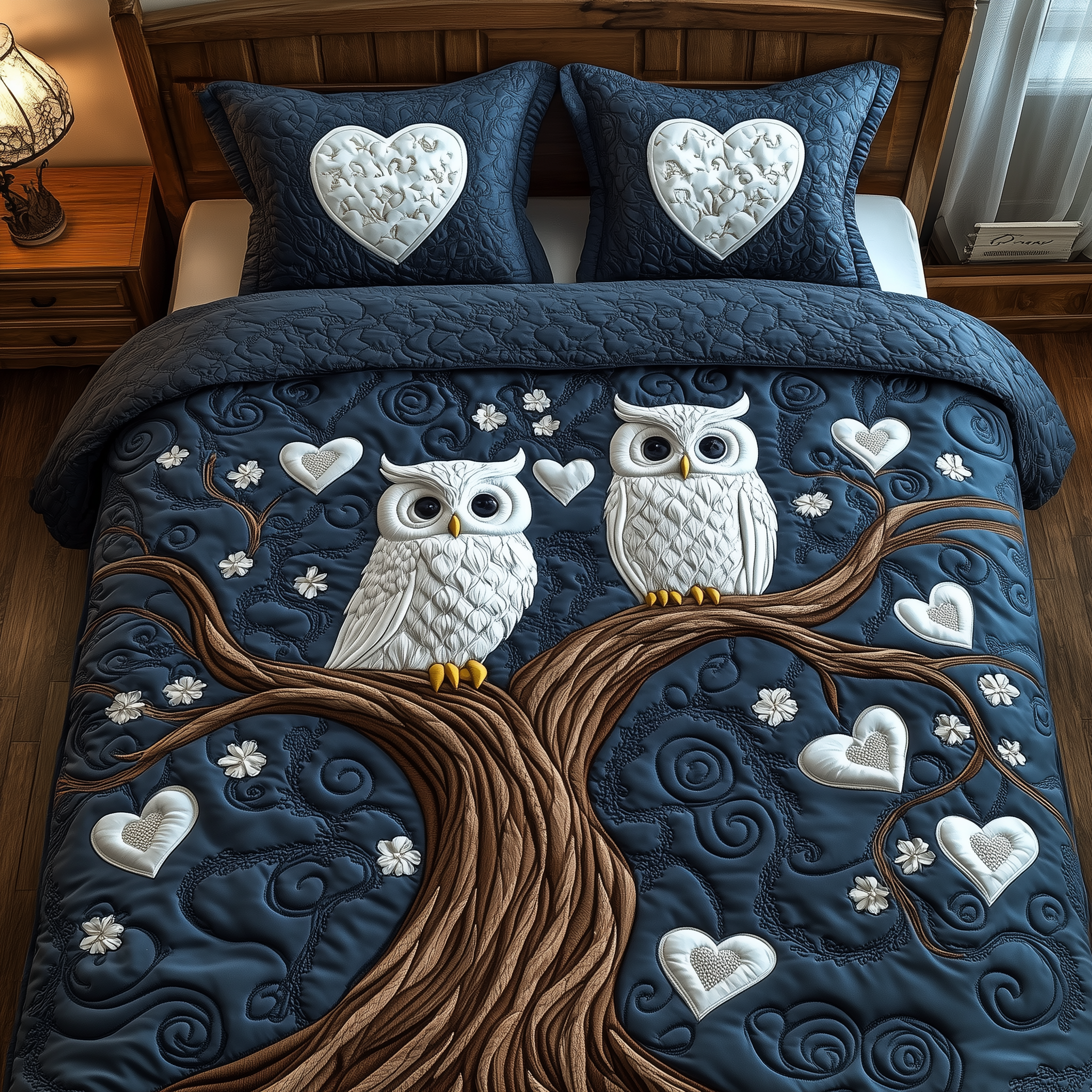 Winter Owl Couple Quilted Bedding Set Best Bedsheets Owl Gifts For Dad