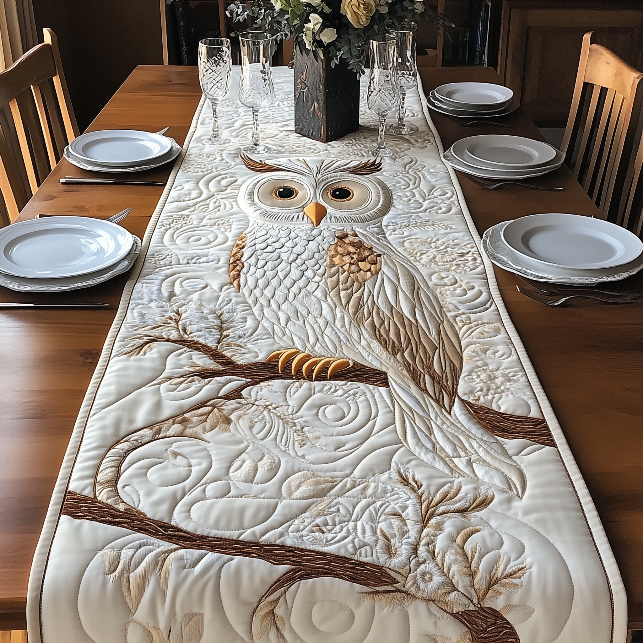 Winter Owl Quilted Table Runner Kitchen Table Runners Gift For Owl Lover