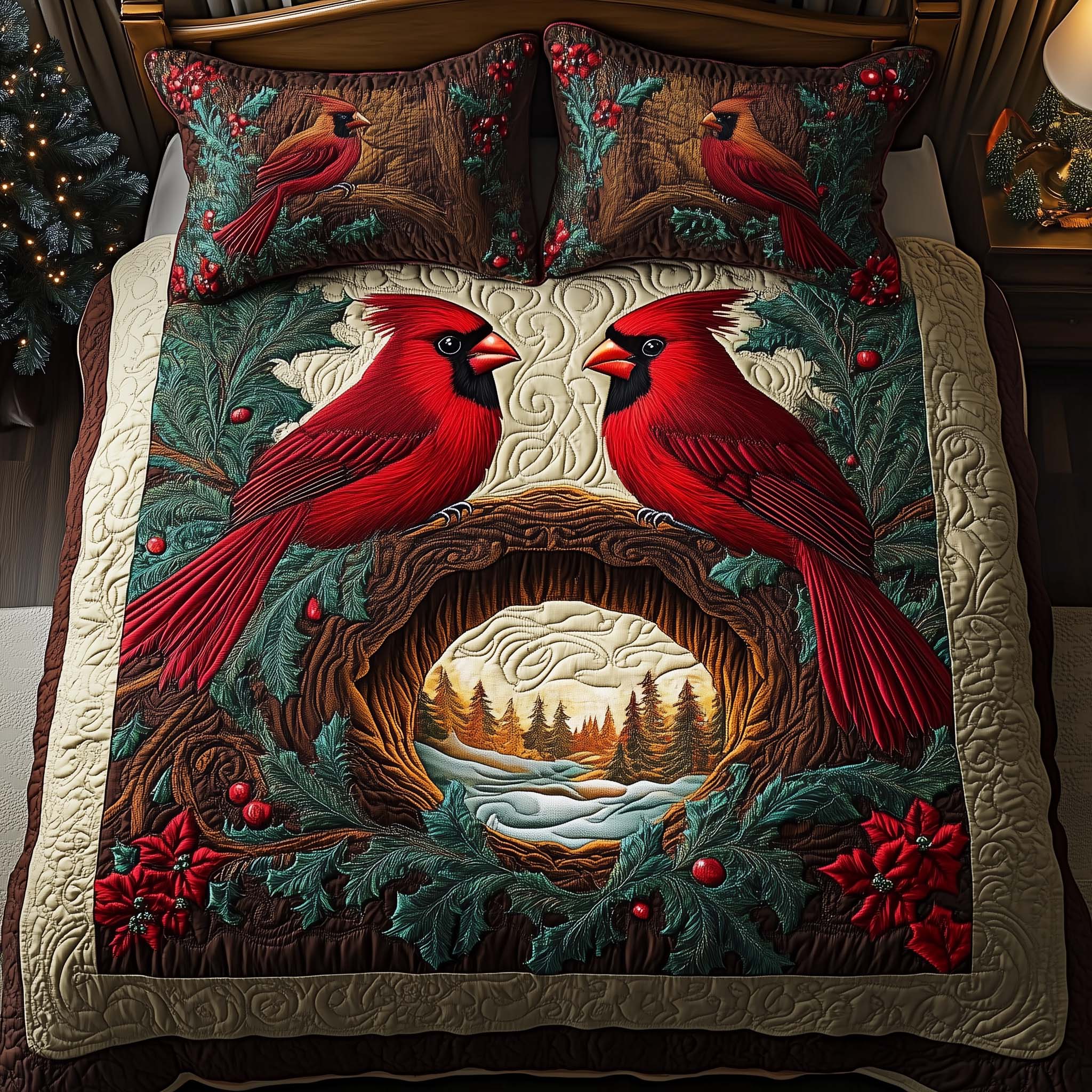 Winter Pair Quilted Bedding Set Christmas Bed Covers Red Cardinal Gift Items
