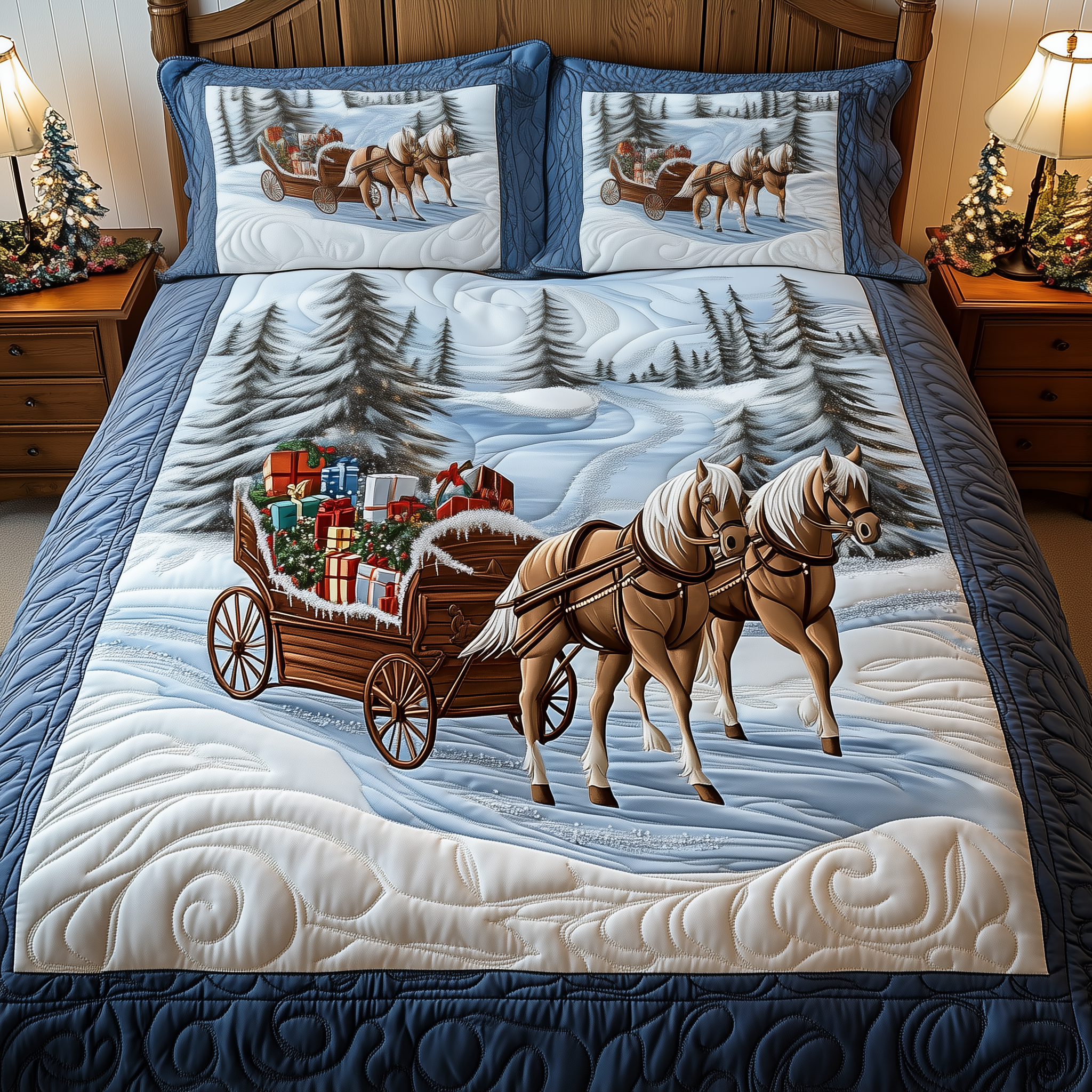 Winter Wonderland Carriage Ride Quilted Bedding Set Holiday Room Decor Unique Christmas Gifts For Couples