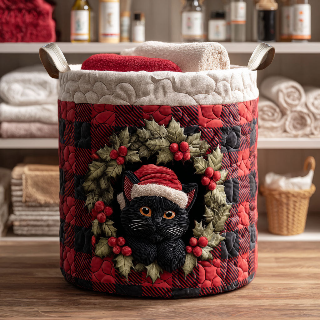 Winter Wreath Cat Quilted Laundry Basket Dirty Clothes Basket Presents For Cat Owners