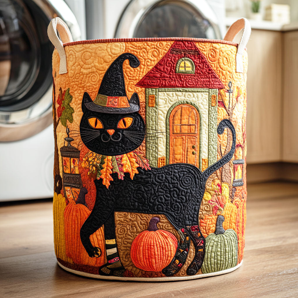 Witch Cat Quilted Laundry Basket Foldable Clothes Hamper Cute Gifts For Cat Lovers