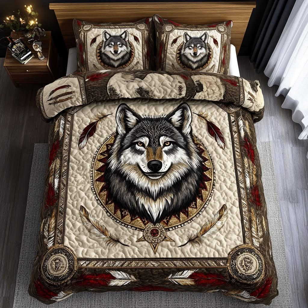 Wolf Native American Quilted Bedding Set Indigenous Bed Sheets Best Gifts For Wolf Lovers