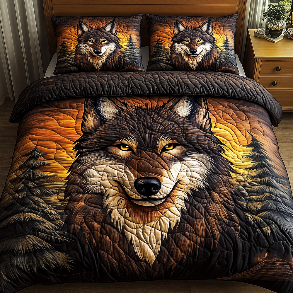 Wolf of the Night Quilted Bedding Set Boho Bedroom Furniture Wolf Gifts For Him Her