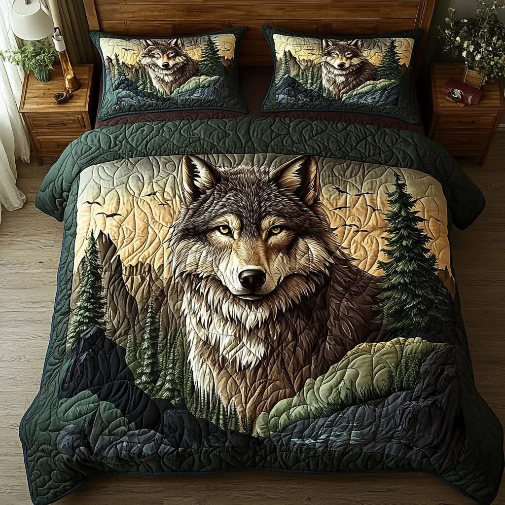 Wolf Quilted Bedding Set Rustic Wildlife Duvet Cover Gifts For Animal Lovers