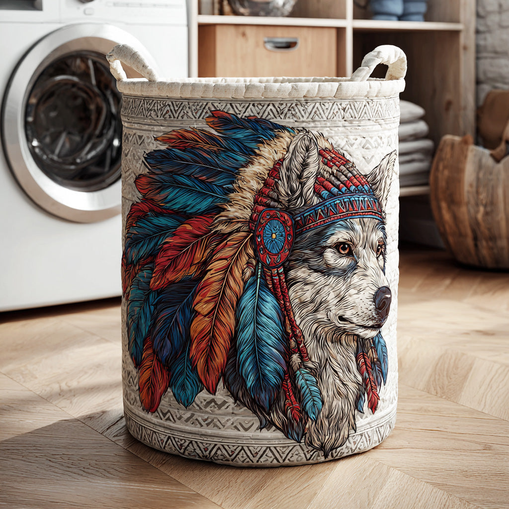 Wolf Ridge Spirit Quilted Laundry Basket Foldable Storage Bin Best Native American Gifts For Her