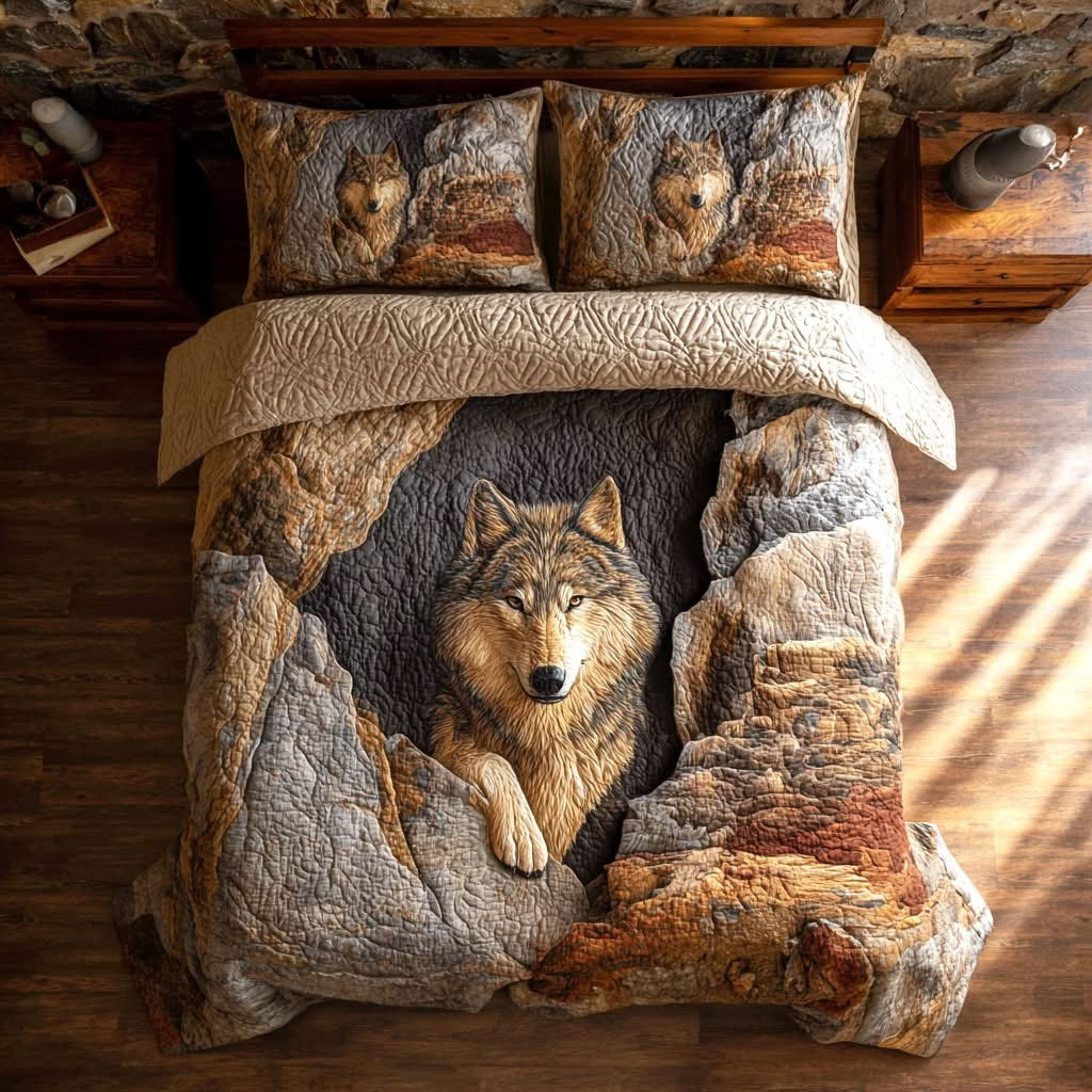 Wolf Stone Quilted Bedding Set Bed Room Decoration Gifts For Wolf Lovers