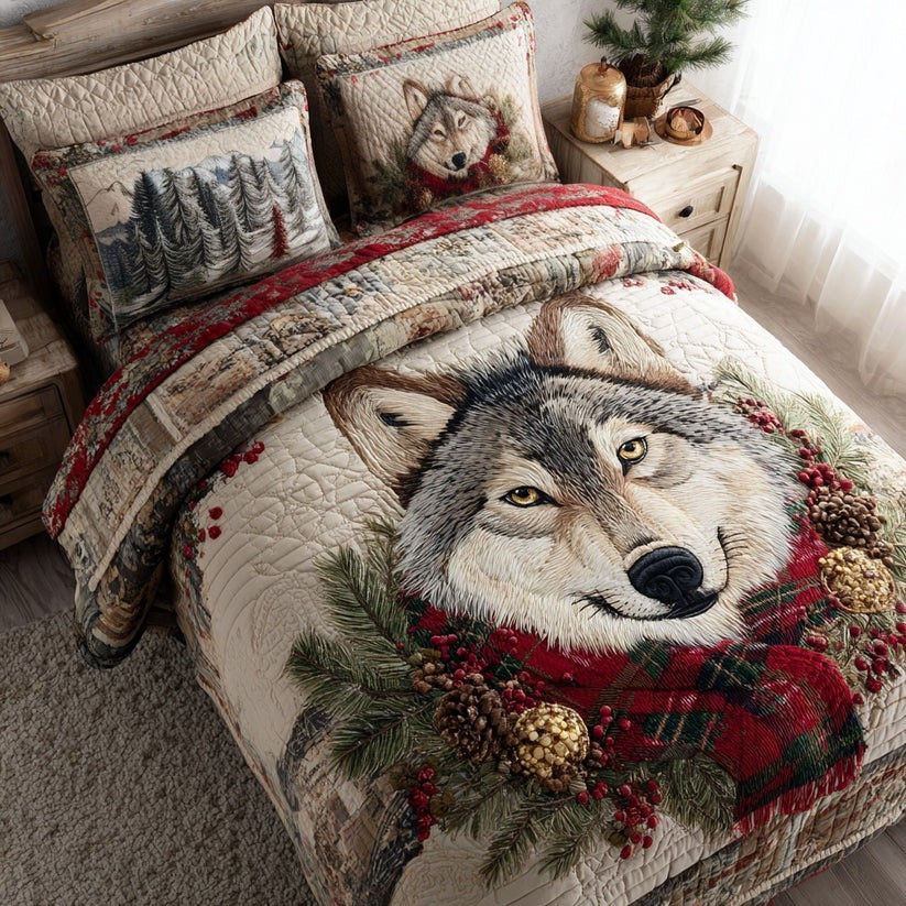 Wolf Winter Christmas Quilted Bedding Set Holiday Duvet Cover Set Gifts With Wolves On Them
