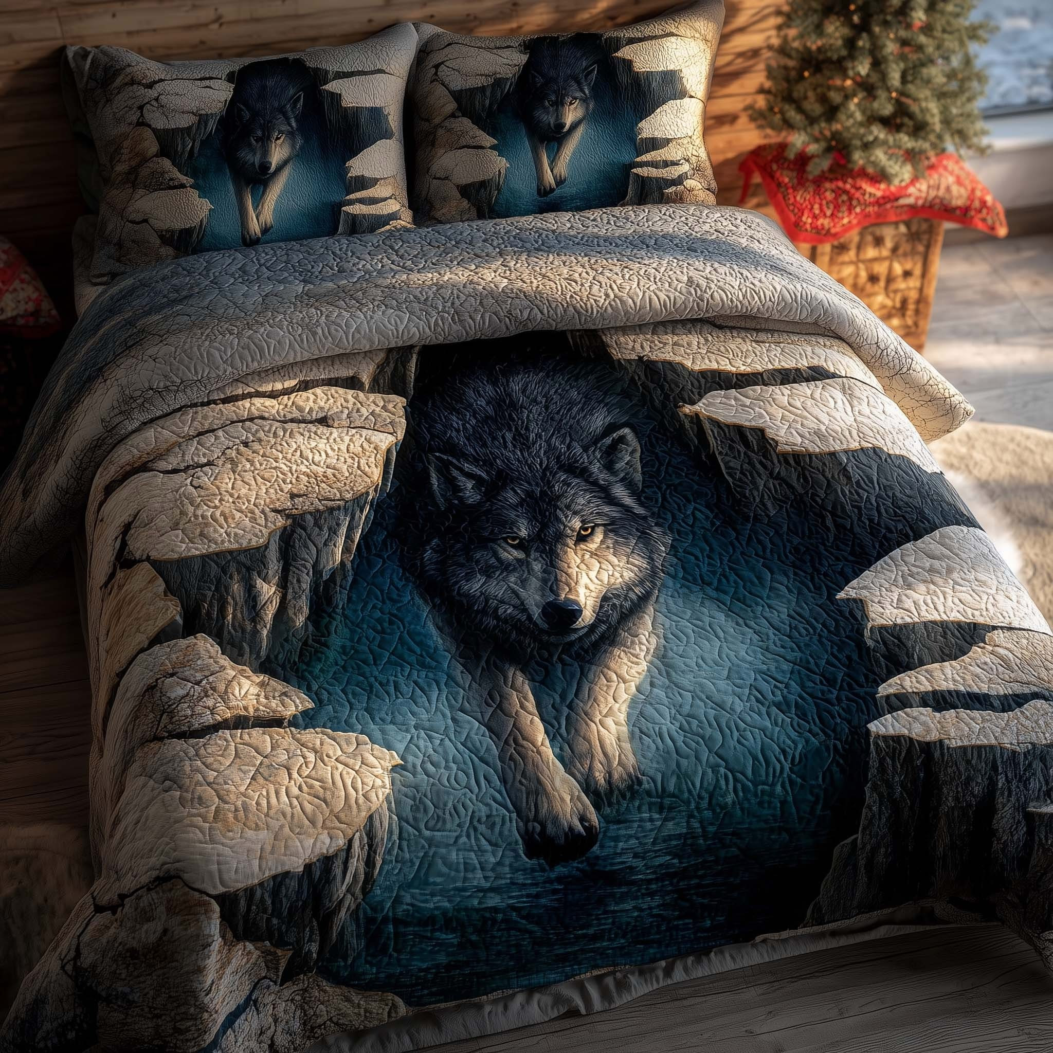 Wolf Winter Wind Quilted Bedding Set Best Bed Sheet Set Christmas Gifts For Wolf Lovers