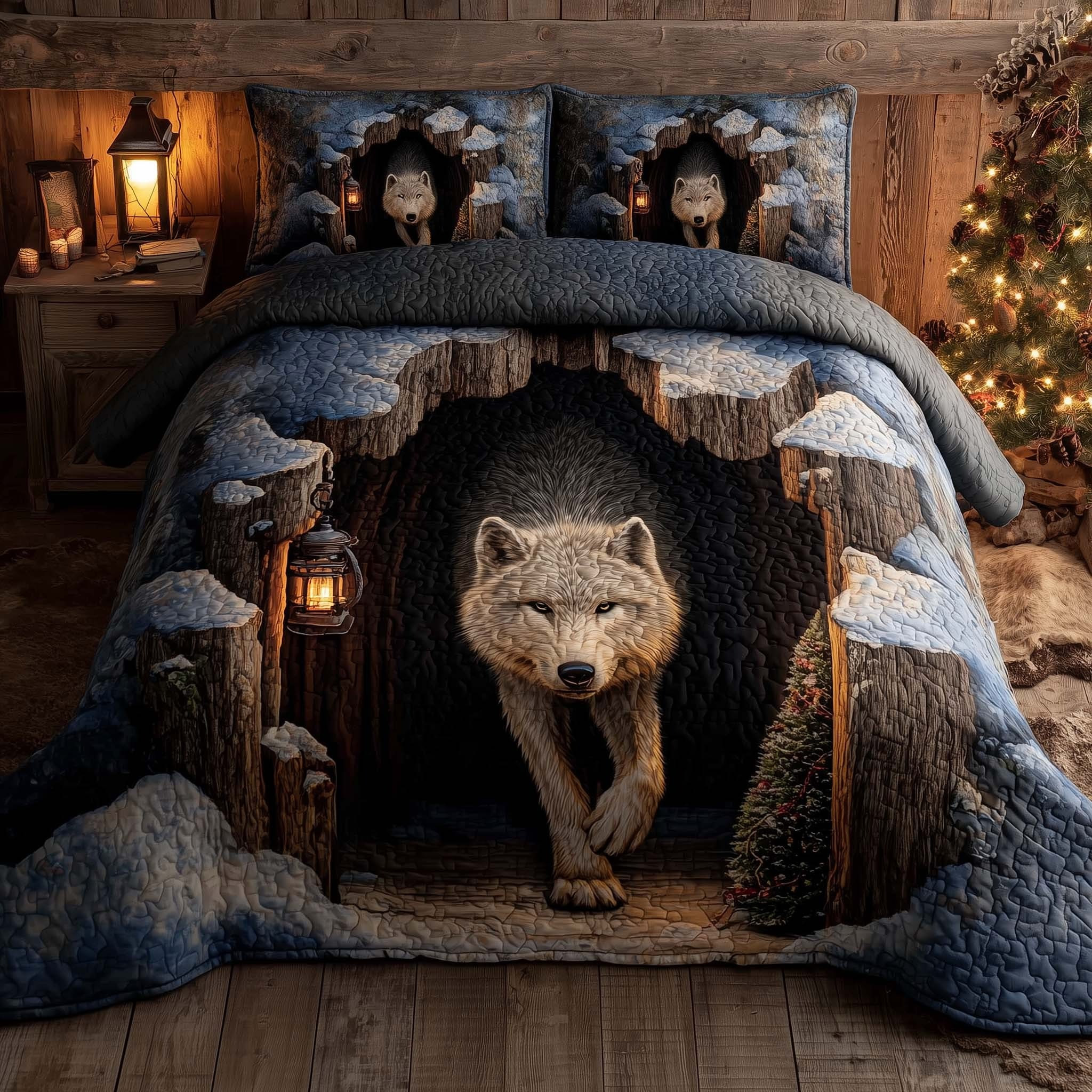 Wolf Winter Wind Quilted Bedding Set Christmas Bed Sheets Unique Gifts For Wolf Lovers