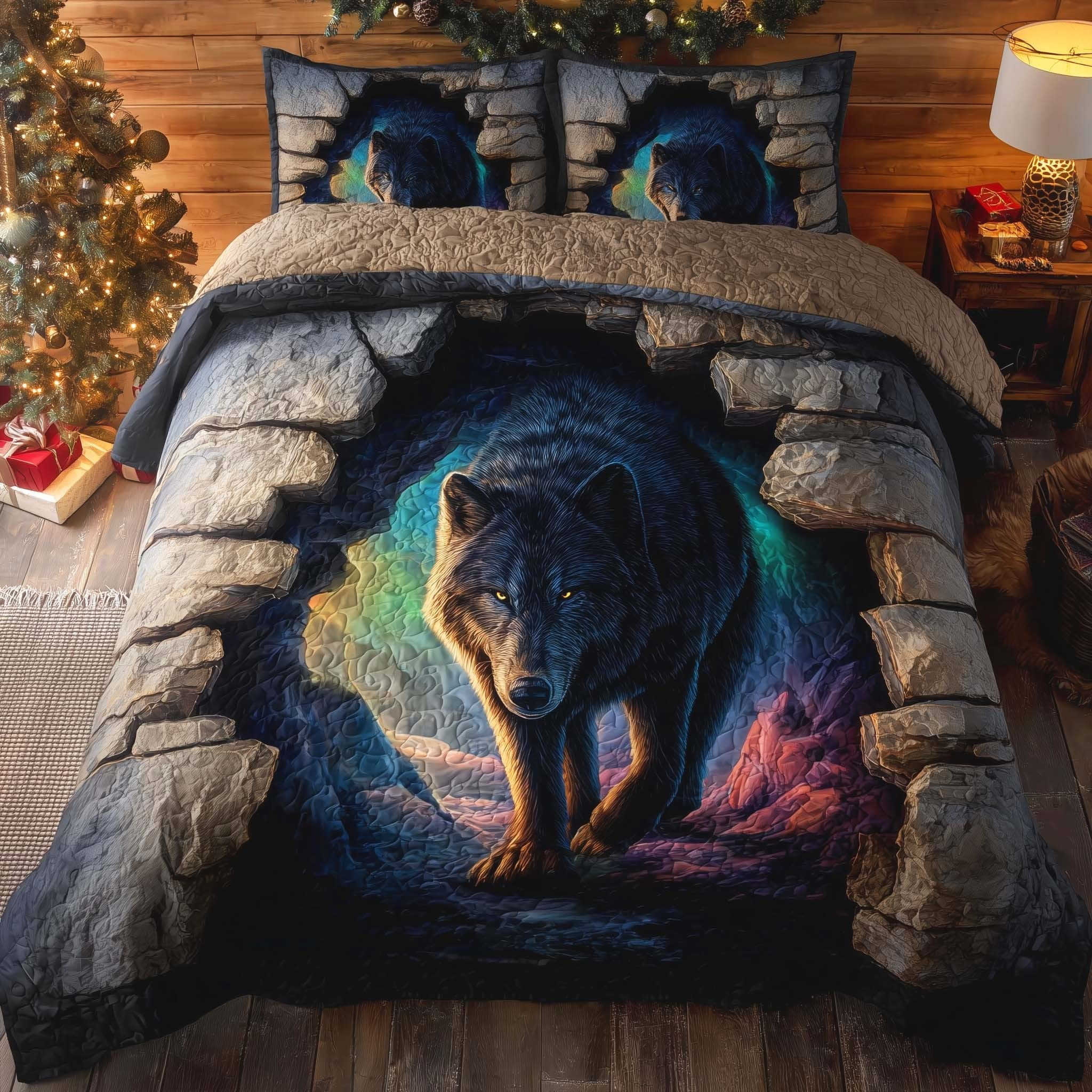 Wolf Winter Wind Quilted Bedding Set Christmas Bedding Duvet Cover Gifts For Wolf Lovers