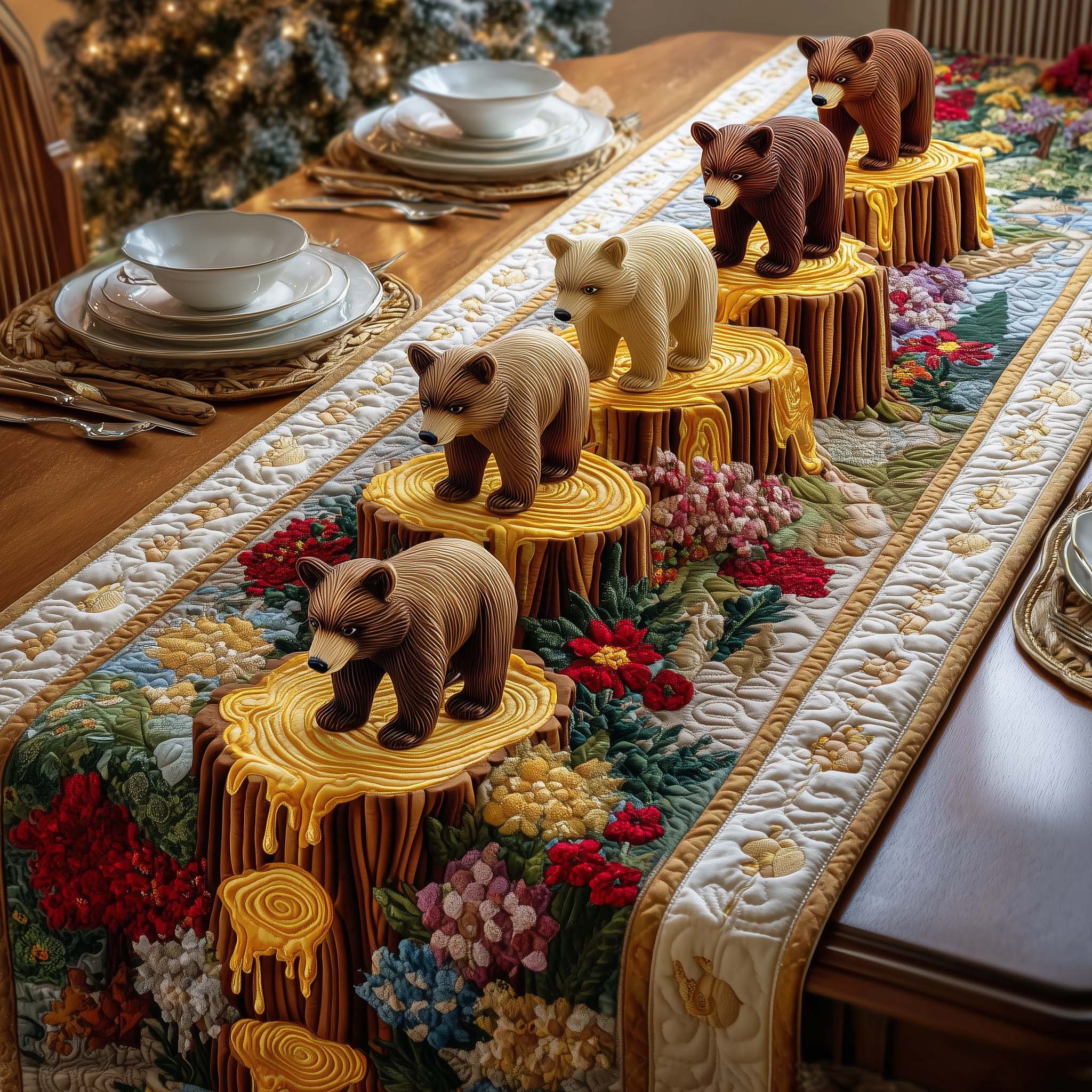 Wood Bears Quilted Table Runner Christmas Holiday Table Runners Bear Themed Gifts
