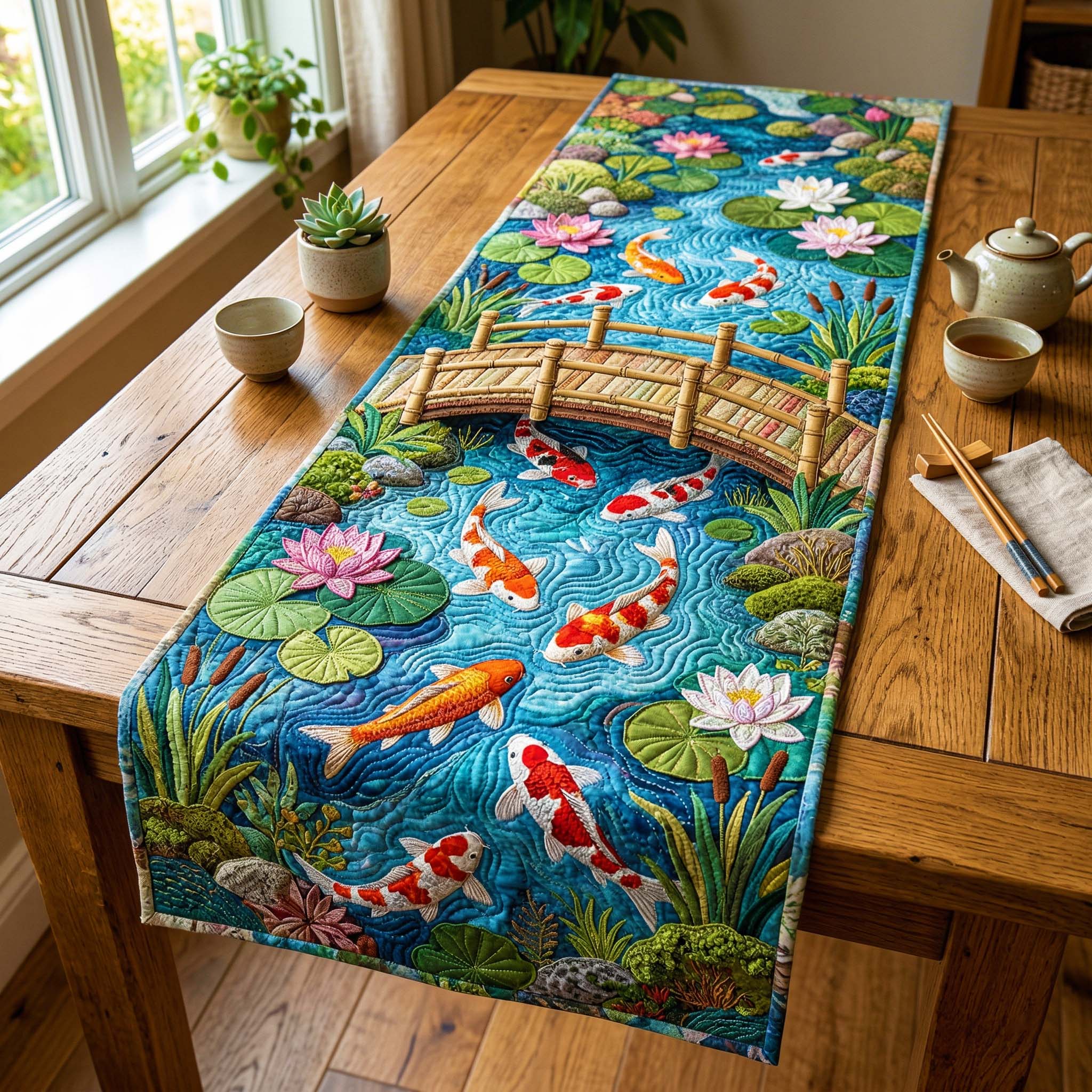 Wooden Bridge Quilted Table Runner Unique Table Runner Gifts For Koi Lovers