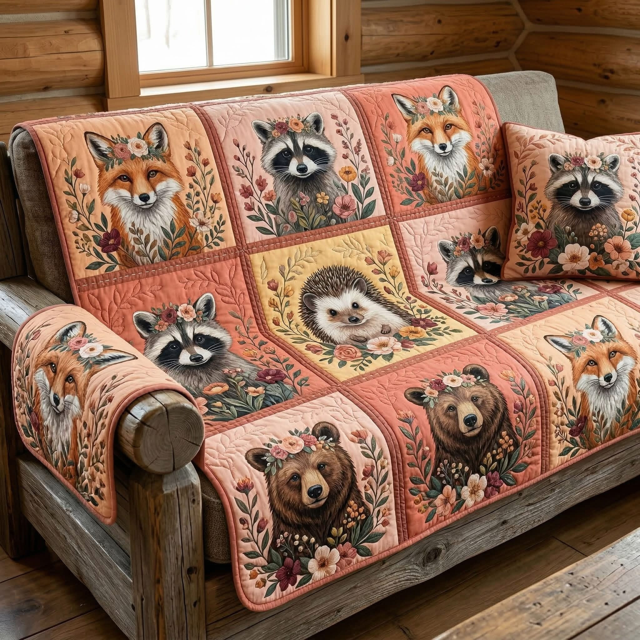 Woodland Animal Quilt Sofa Cover Fox Bear Raccoon Floral Patchwork Couch Cover Home Decor