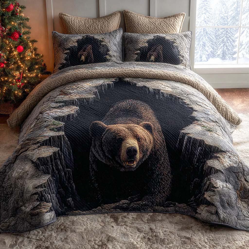 Woodland Bear Quilted Bedding Set Cute Boho Comforter Sets Father's Day Gifts For Son In Law