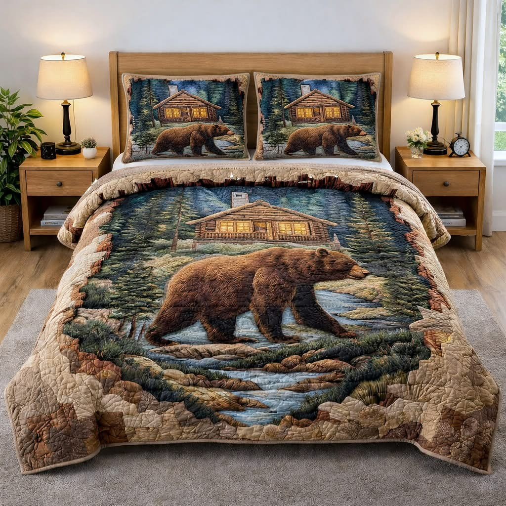 Woodland Guardian 3-Piece Quilted Bedding Rustic Cabin Decor Merch Gift For Dad
