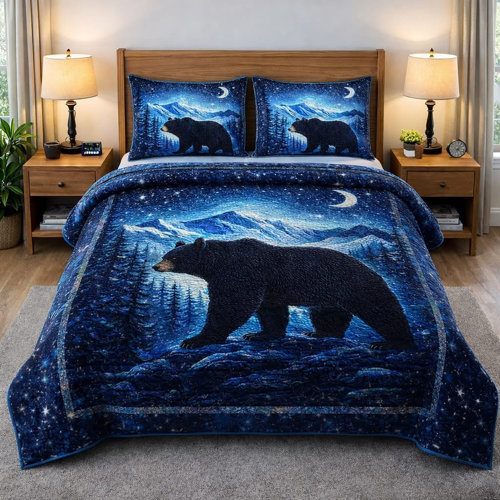 Woodland Guardian 3-Piece Quilted Bedding Set Bear and Forest Themed Merch Gift For Dad