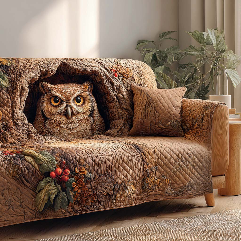 Woodland Watch Quilted Sofa Cover Living Room Decor Gift For Owl Lover