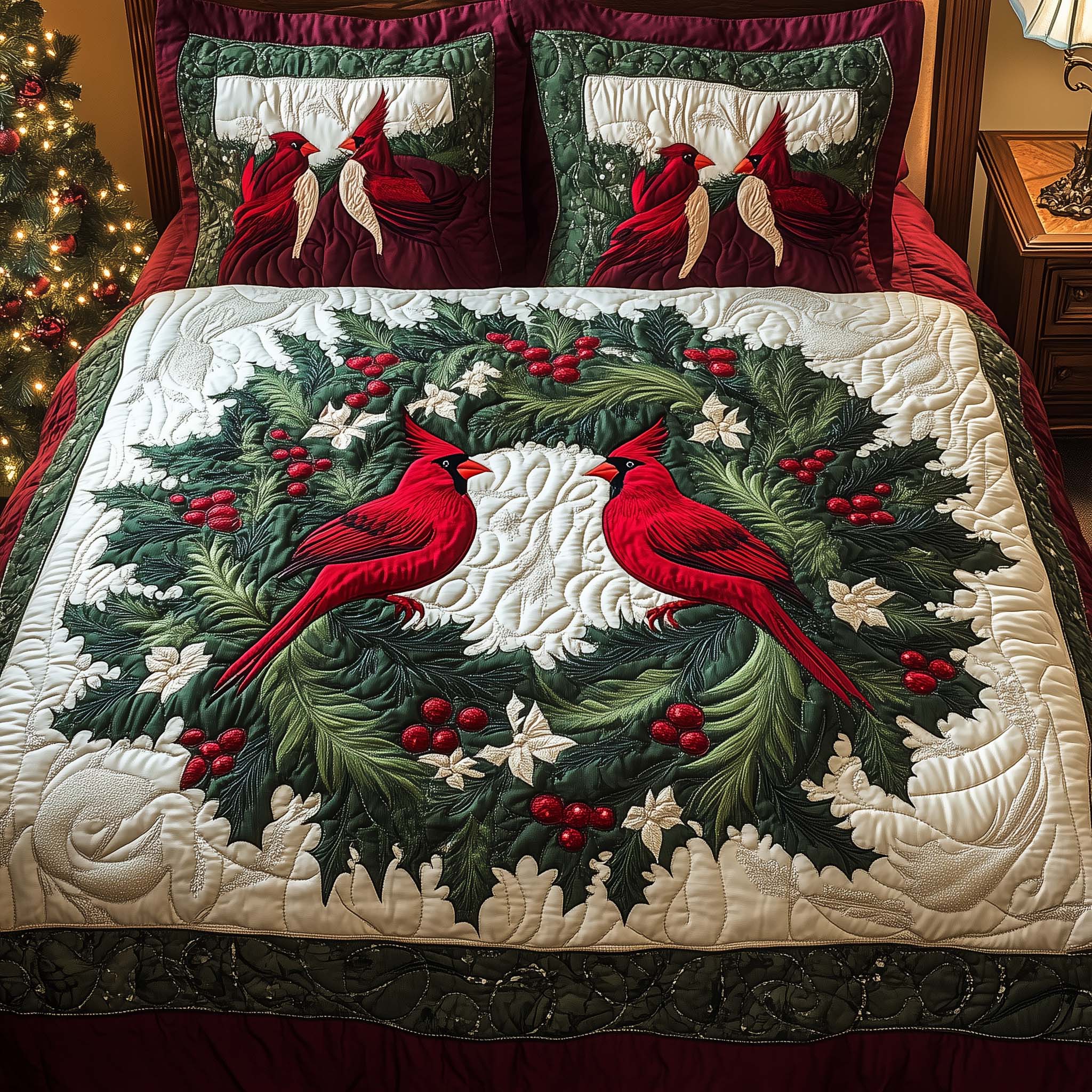 Wreath Cardinals Quilted Bedding Set Xmas Duvet Cardinal Gifts For Dad