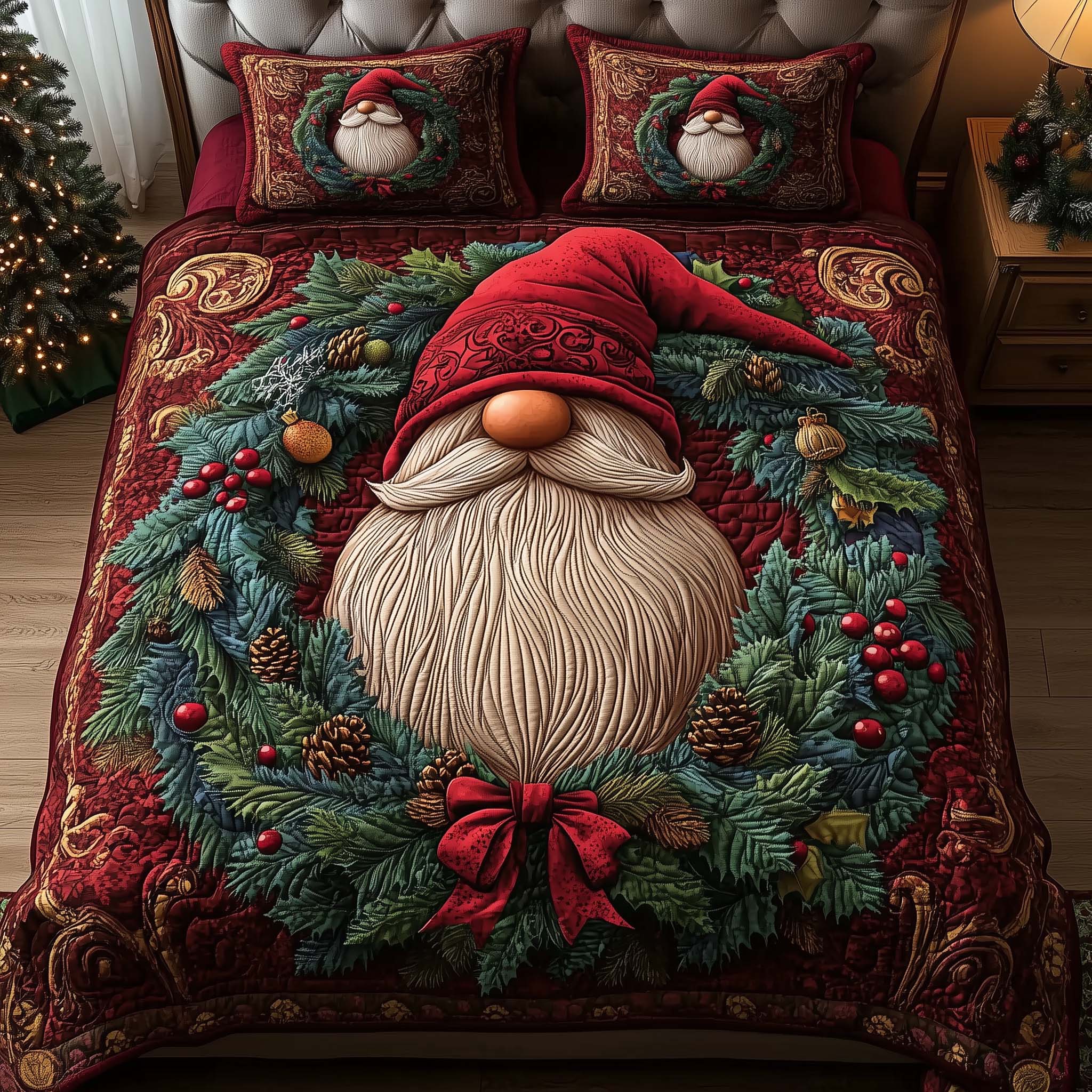Wreath Gnome Quilted Bedding Set Bedroom Decor Christmas Gnome Gifts For Christmas