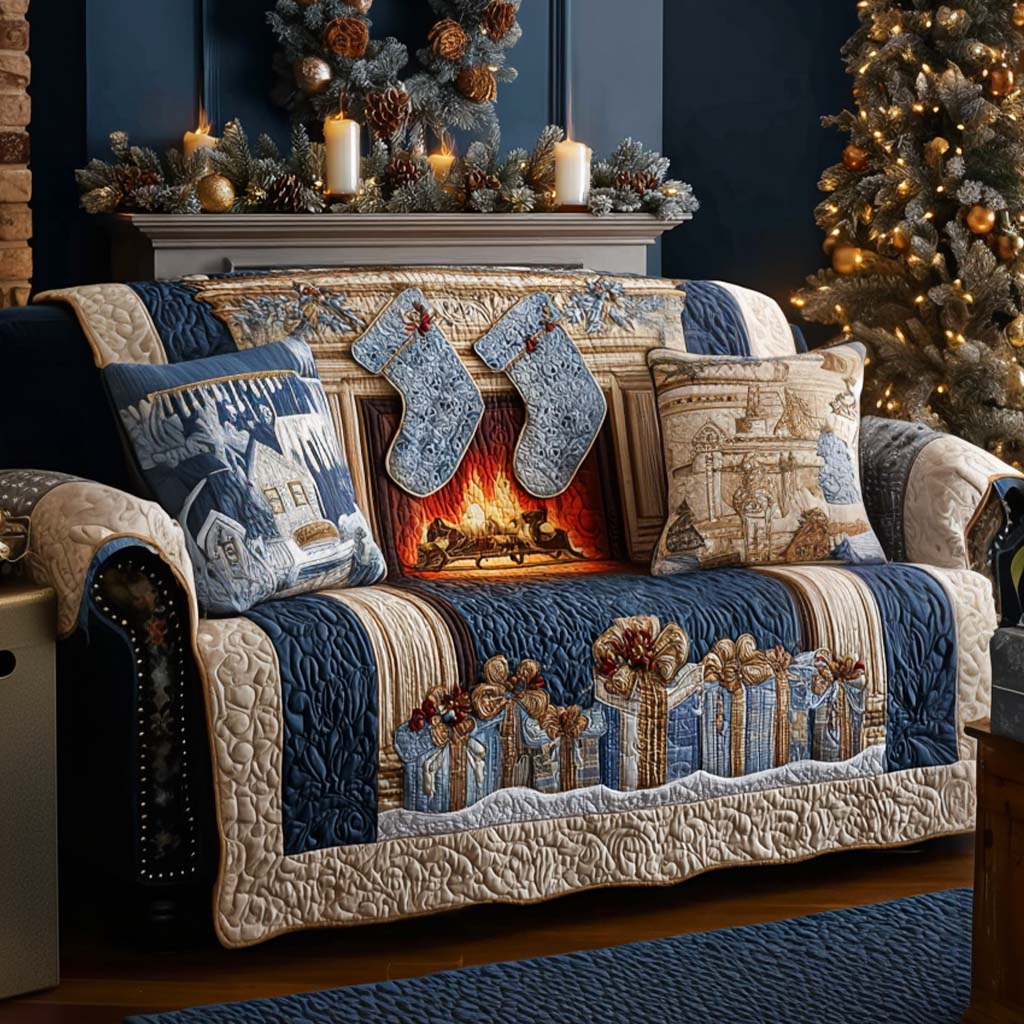 Xmas Eve Quilted Sofa Cover Couch Protector Family Christmas Presents