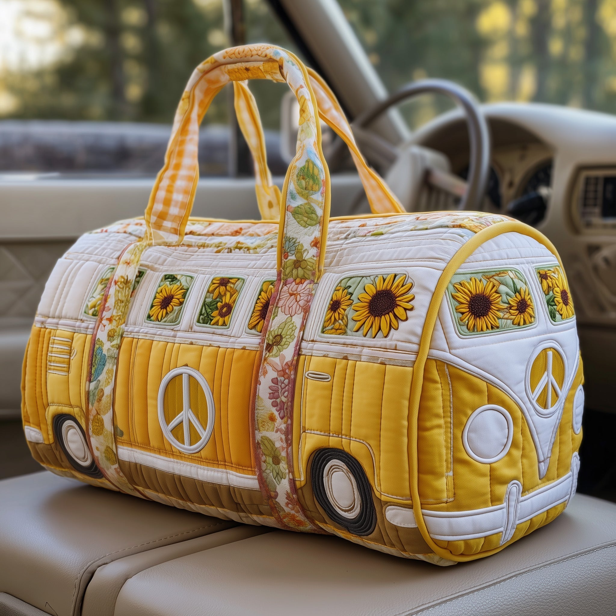 Yellow Hippie Van Quilted Duffle Bag Best Travel Duffel Bag Women Perfect Mothers Day Gift