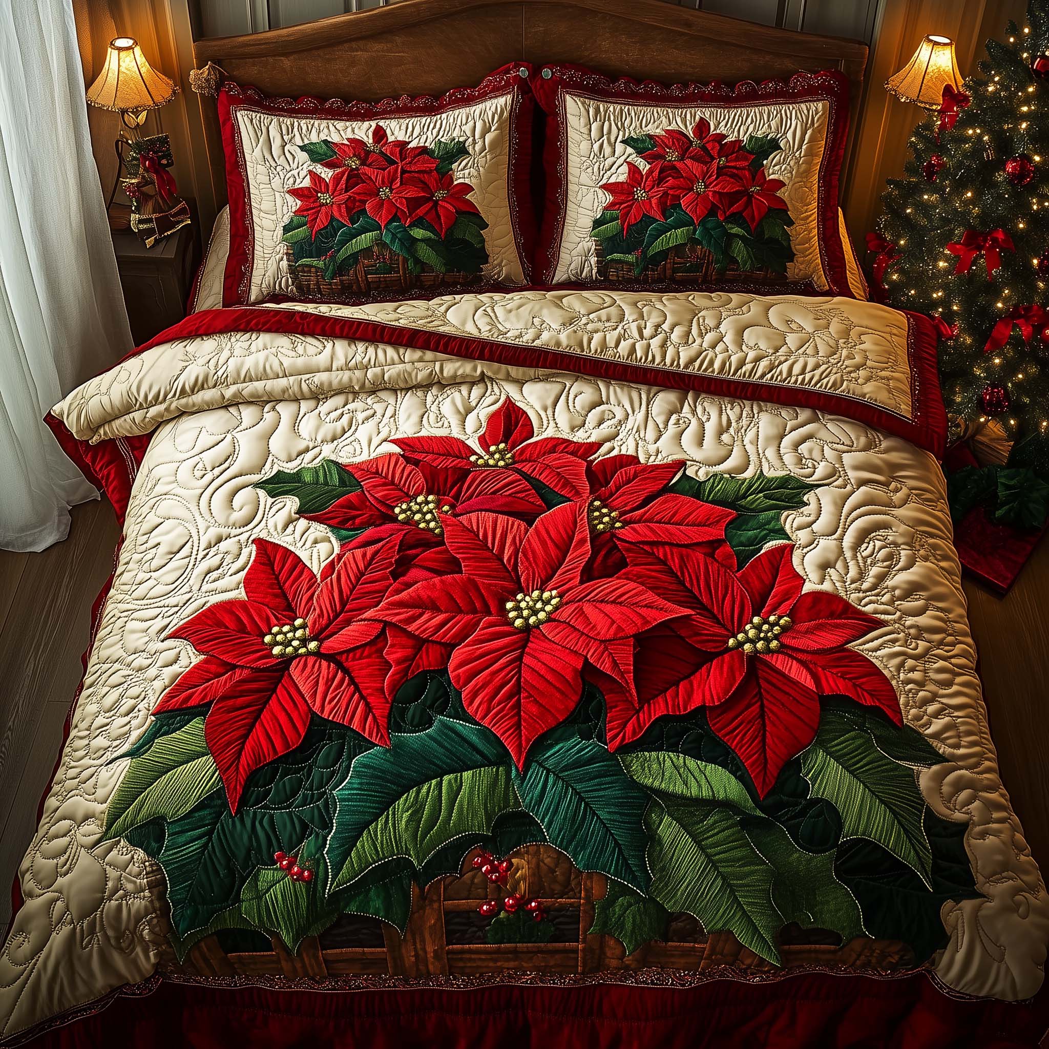 Yellow Poinsettia Quilted Bedding Set Christmas Bedding Set Christmas Ideas For Wife