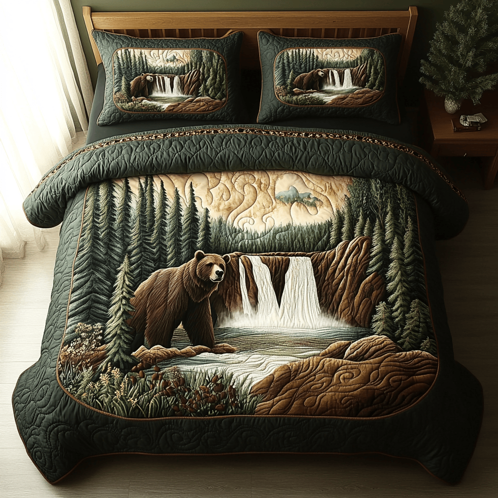 Yellowstone Waterfall Bear Quilted Bedding Set Bed Sheet Set Gifts For Father's Day From Daughter