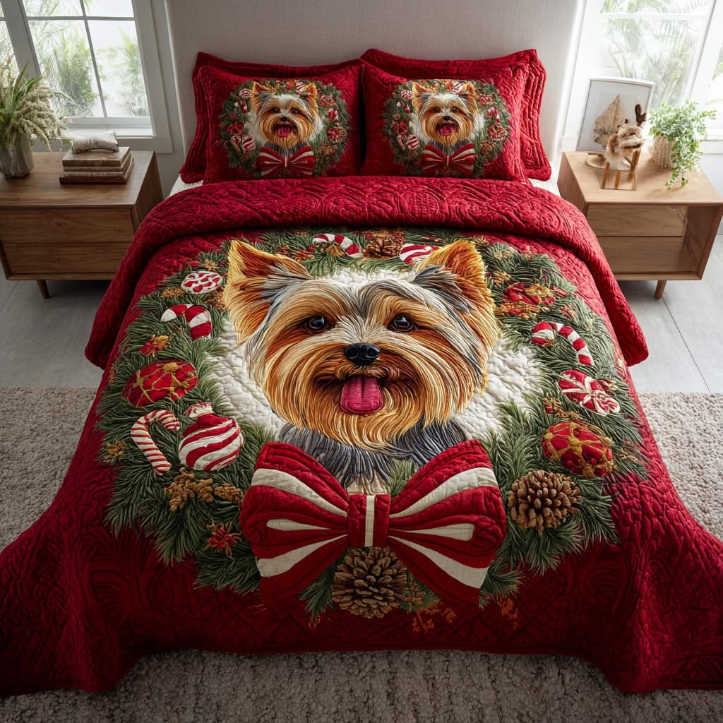 Yorkie Christmas Quilted Bedding Set Duvet Cover Bedspread Xmas Gifts For Dog Lovers