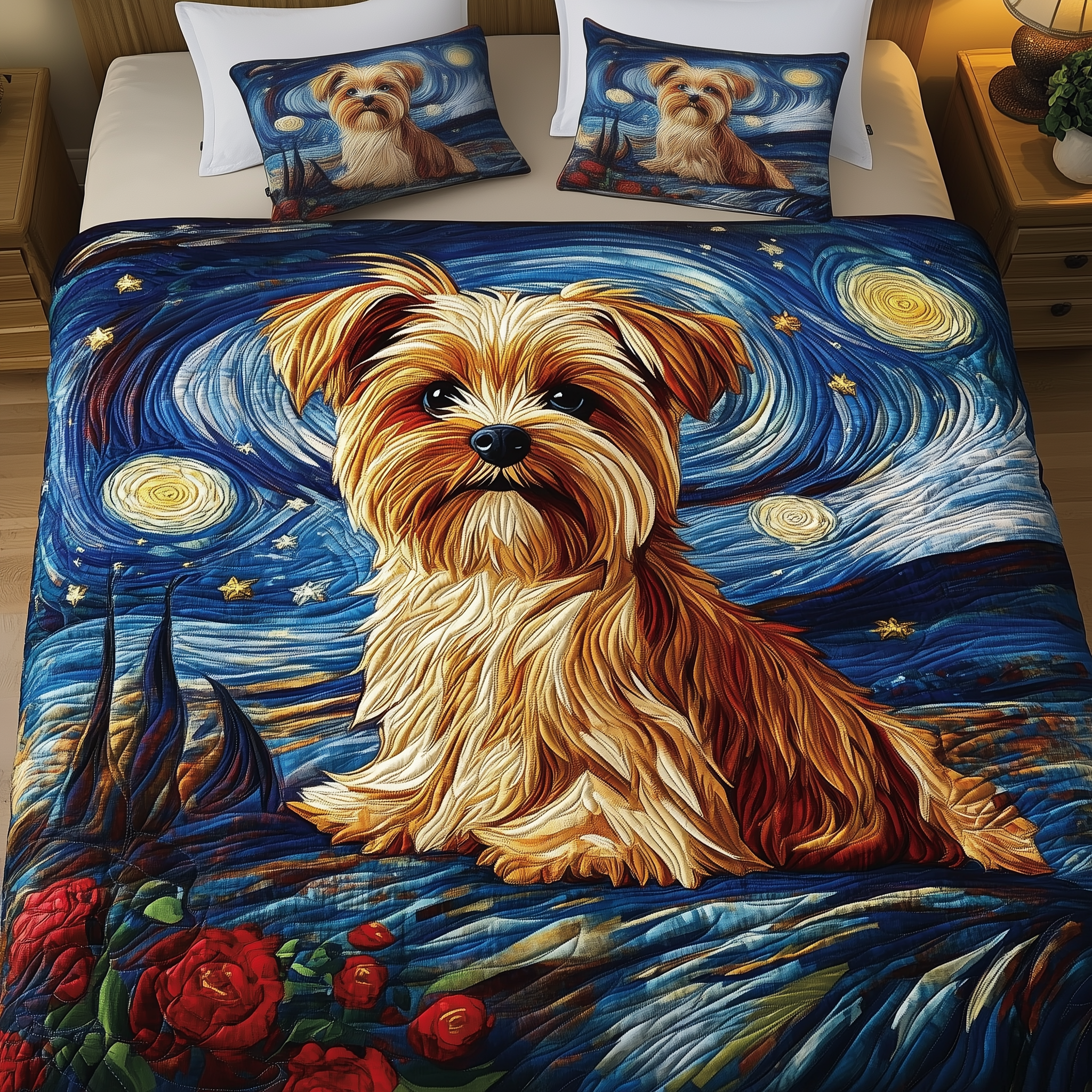 Yorkie Starry Night Quilted Bedding Set Good Bed Sheet Sets Yorkshire Terrier Products