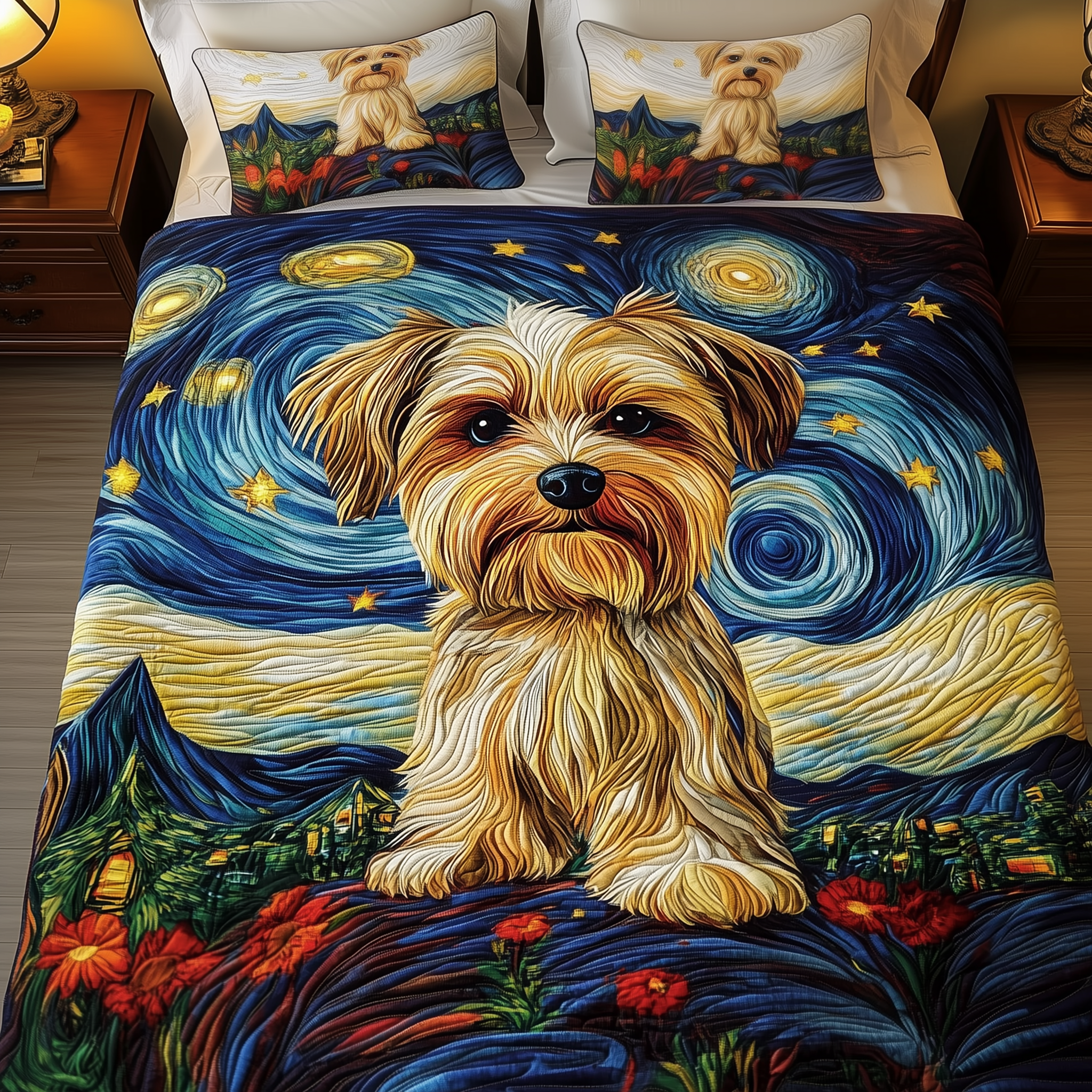 Yorkie Starry Night Quilted Bedding Set Nice Bed Sheet Sets Yorkshire Terrier Themed Gifts