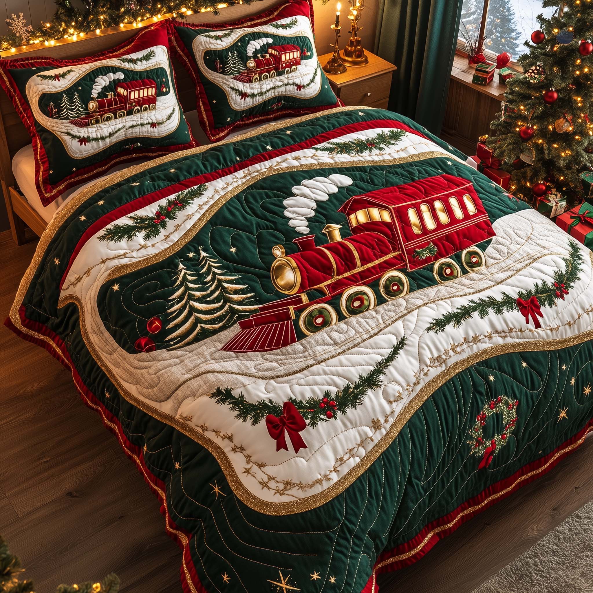 Yuletide Express Quilted Bedding Set Best Christmas Comforters Unique Gifts For Train Lovers