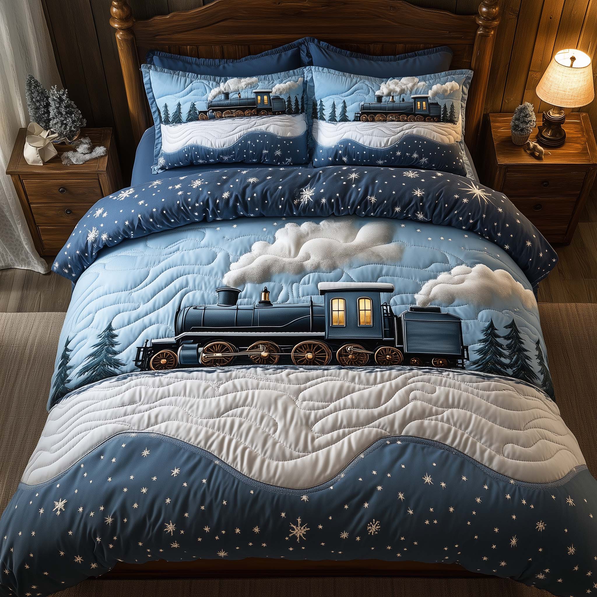 Yuletide Express Quilted Bedding Set Christmas Beddings Gifts For Train Lovers Adults