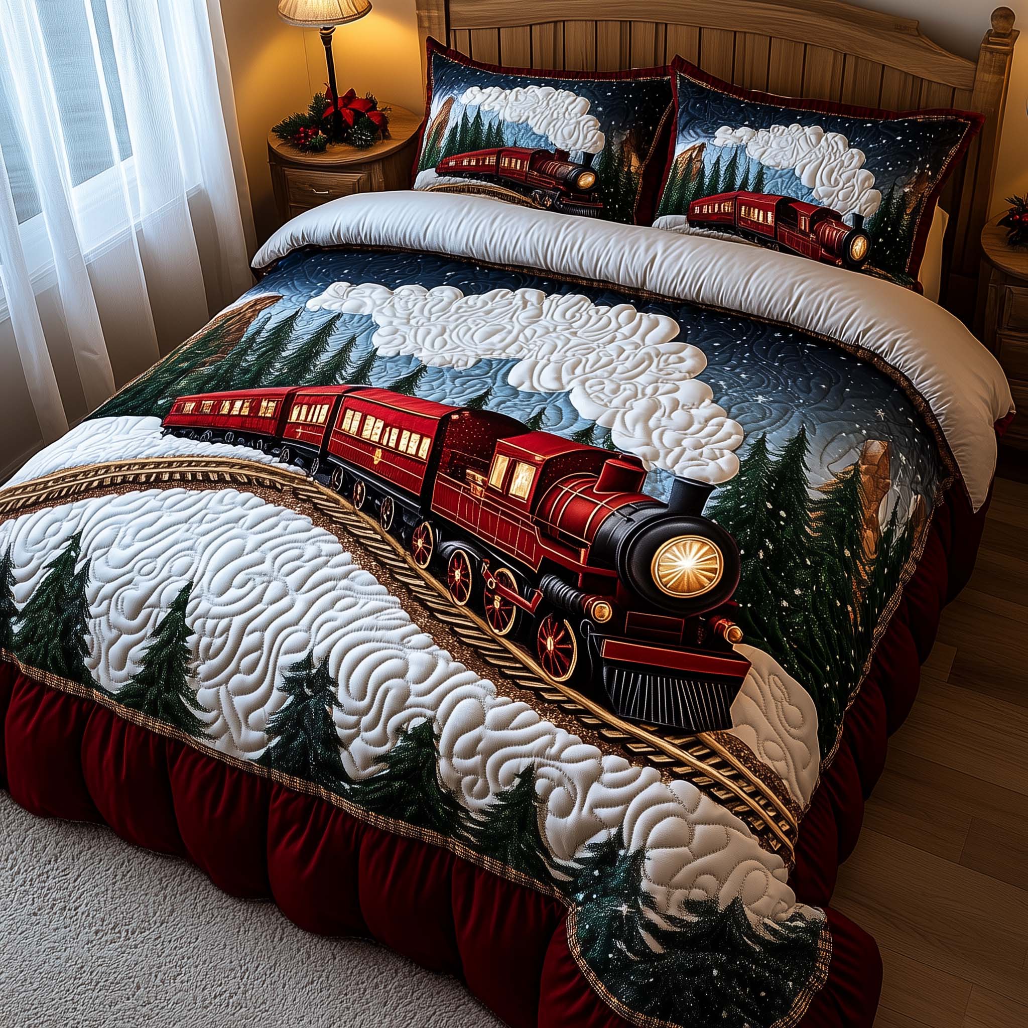 Yuletide Express Quilted Bedding Set Santa Duvet Cover Presents For Train Enthusiasts