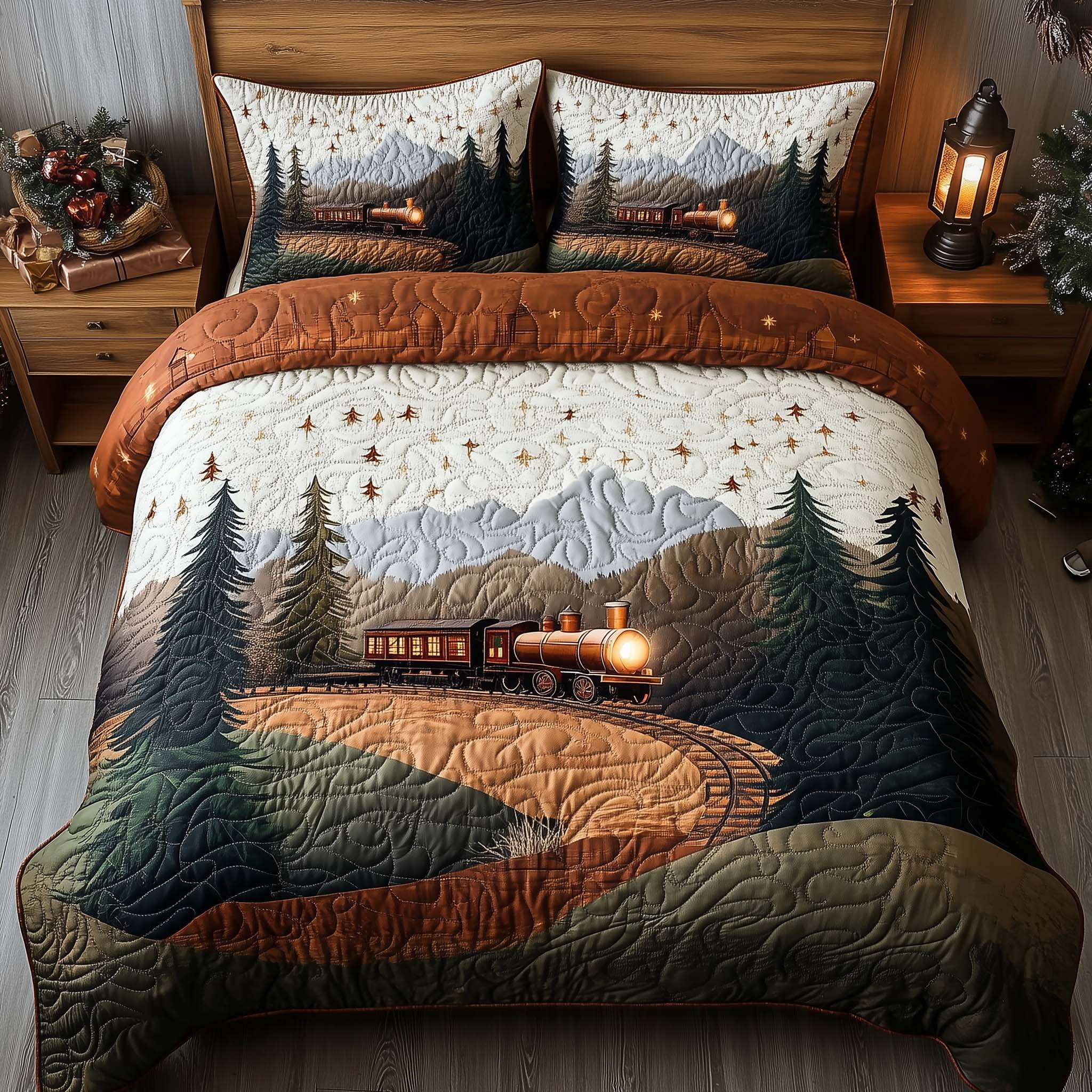 Yuletide Express Quilted Bedding Set Xmas Duvet Sets Gifts For Model Train Enthusiasts