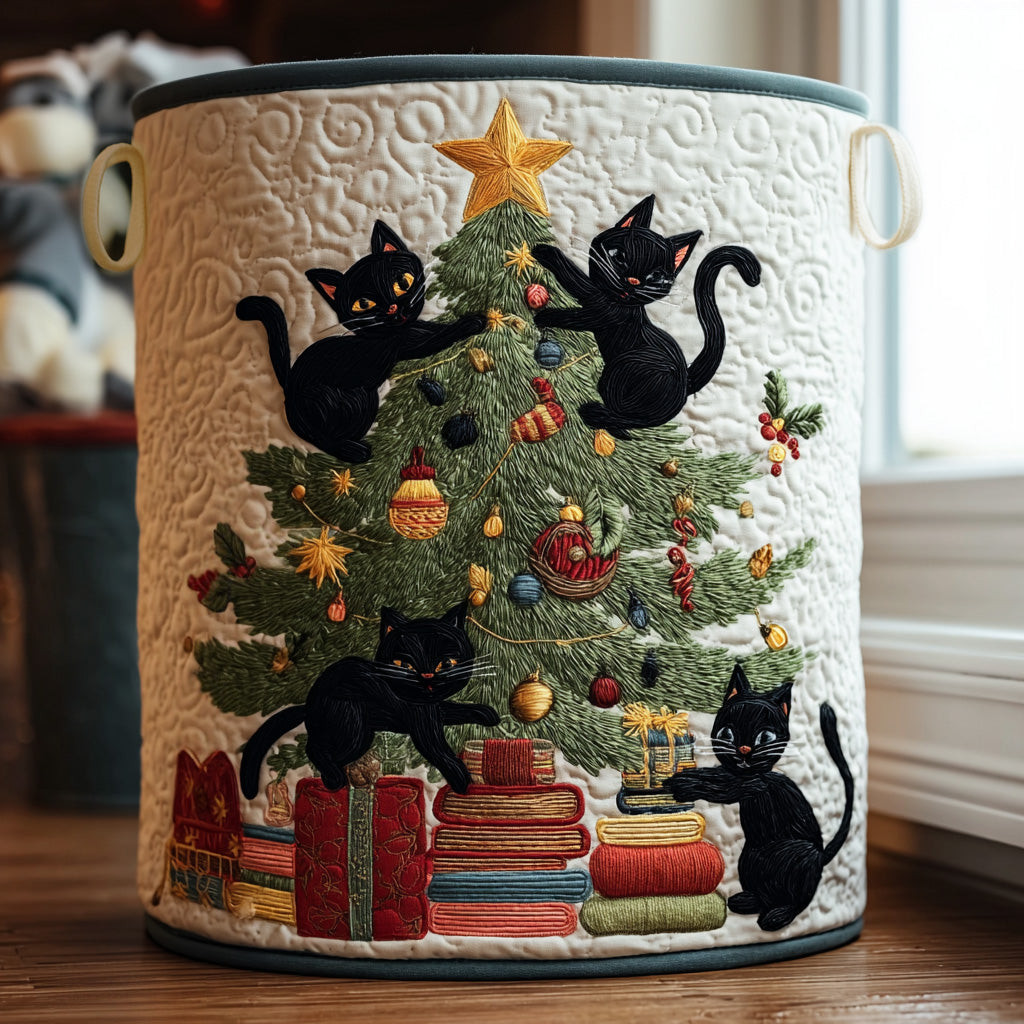 Yuletide Mischief Quilted Laundry Basket Unique Clothes Hamper Grandparent Christmas Ornaments