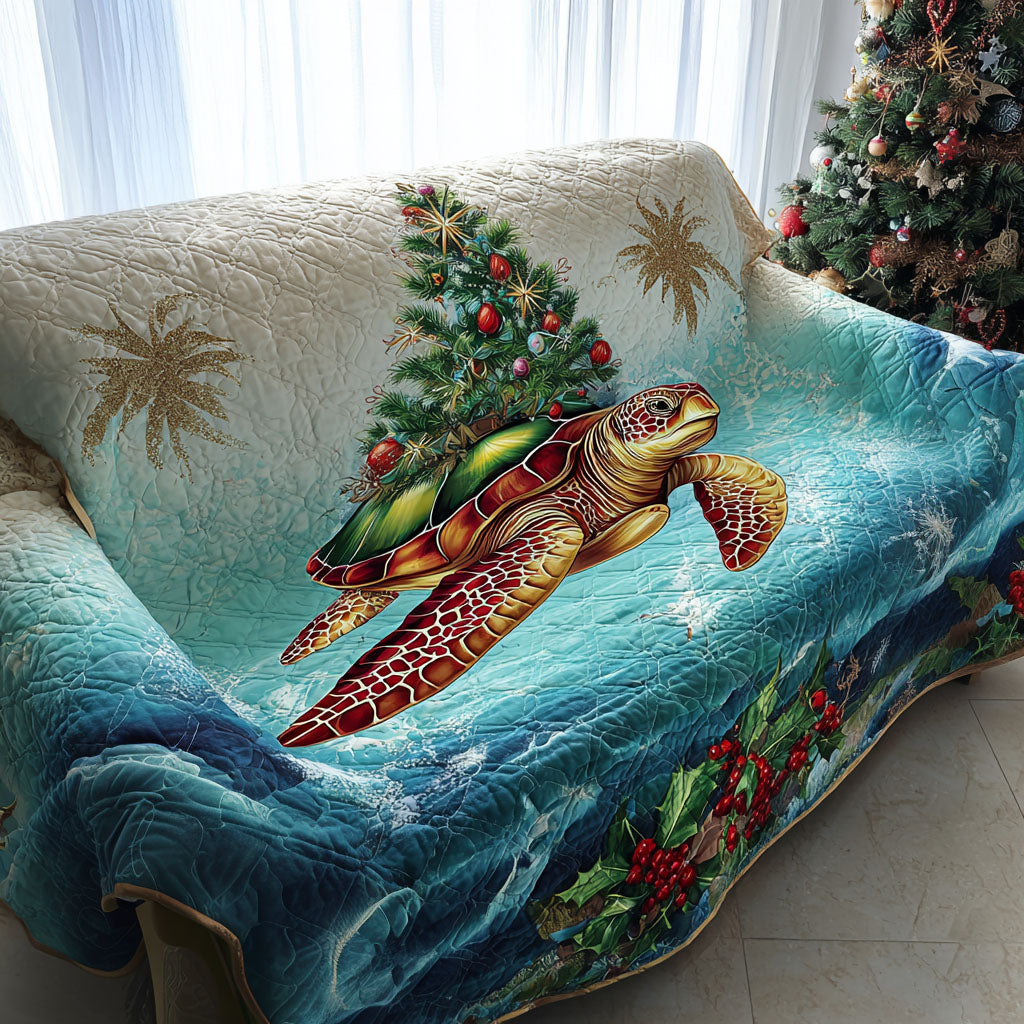 Yuletide Turtle Waves Quilted Sofa Cover Winter Living Room Decor Sea Turtle Merchandise