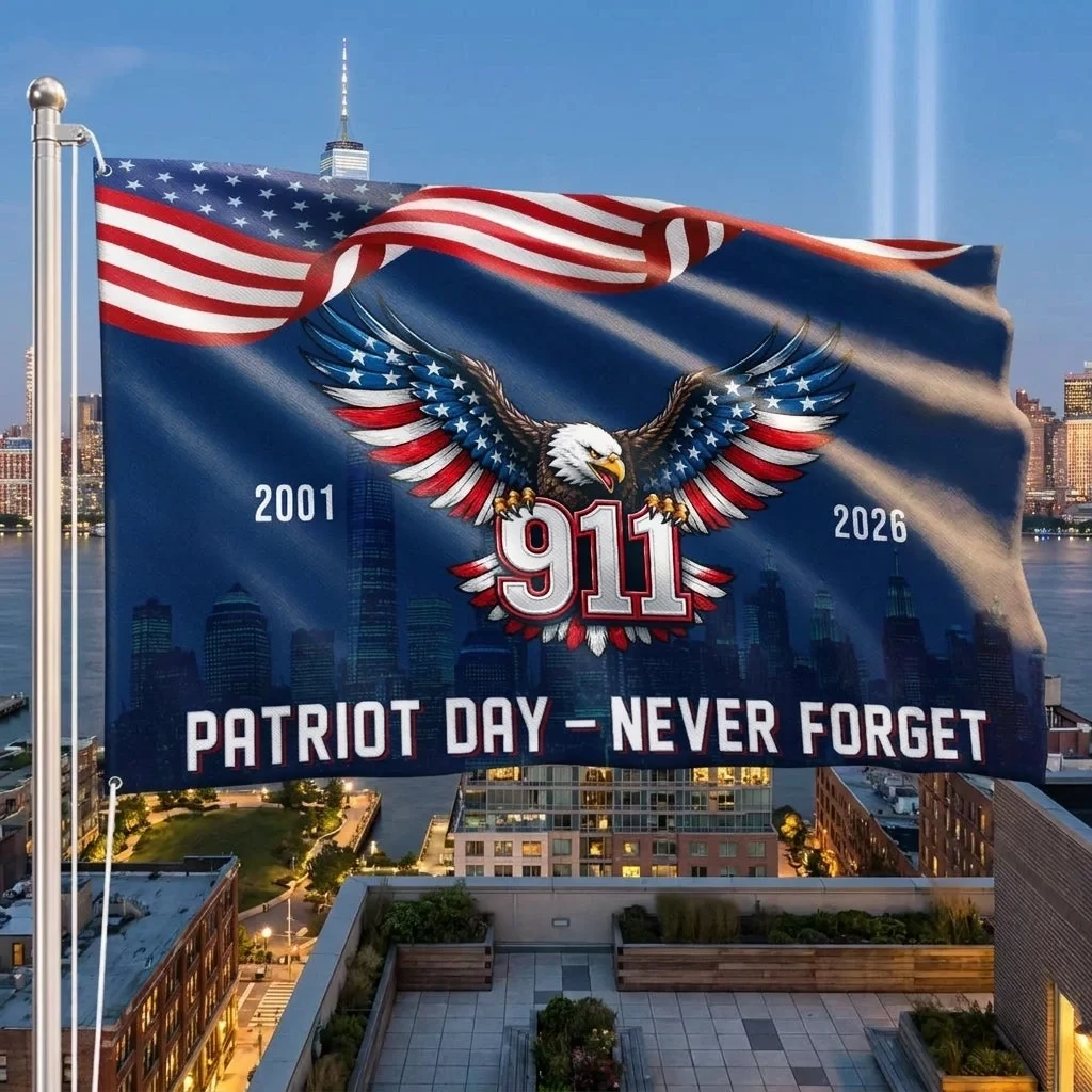 911 Patriot Day 25 Years American Flag, Eagle Never Forget Grommet Flag Patriot Day Merch 911 Gifts