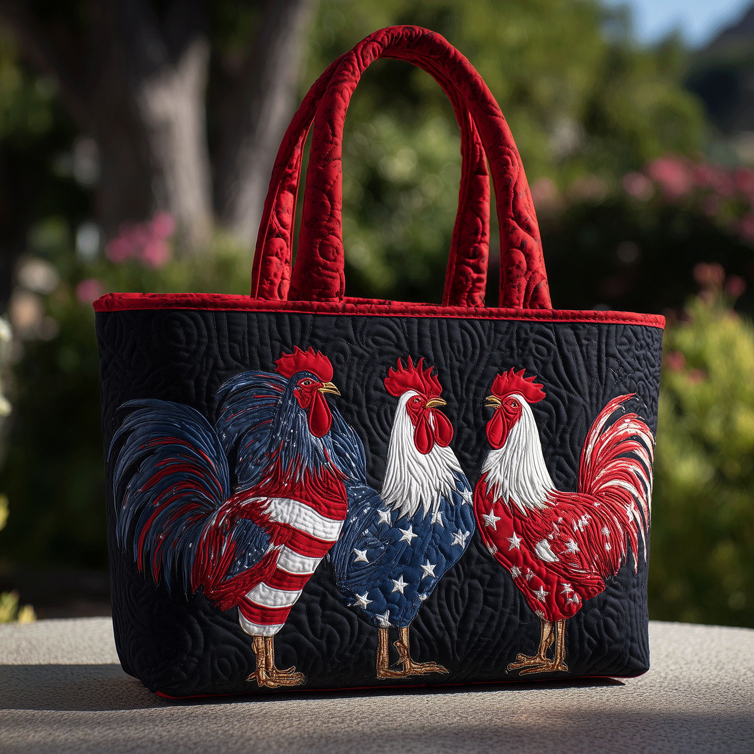 American Pride Rooster Quilted Tote Bag Shoulder Handbag Chicken Themed Gifts