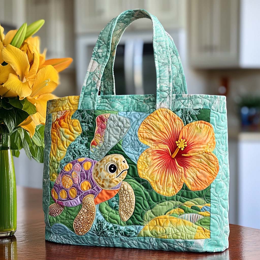 Aqua Turtle Tales Quilted Tote Bag Large Tote Bag Gift Ideas For Sea Turtle Lovers
