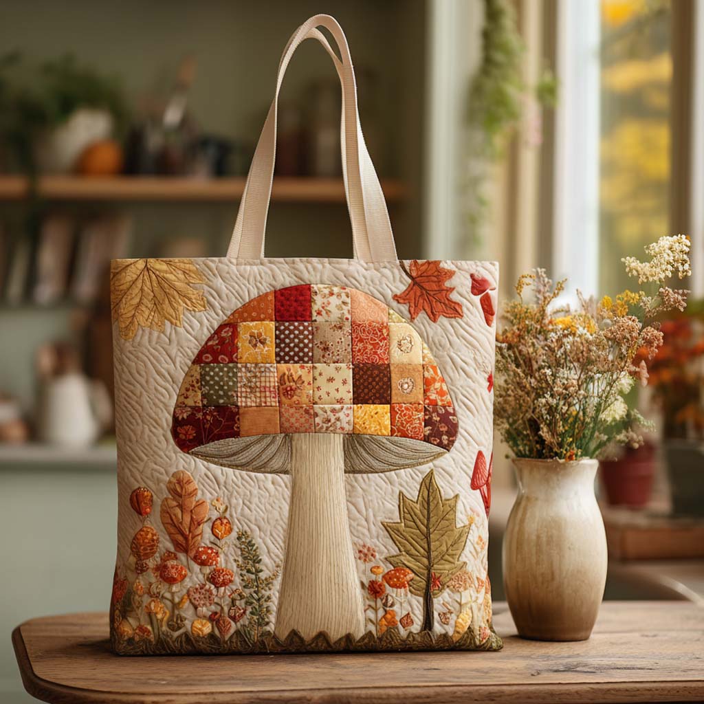 Autumn Patch Quilted Tote Bag Popular Designer Tote Bags Cute Mushroom Gifts
