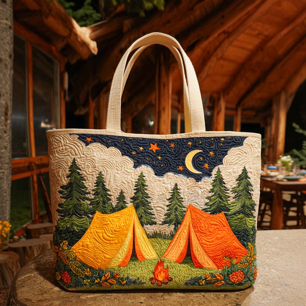 Bear Campfire Bliss Quilted Tote Bag Famous Tote Bags Camping Gifts For Friends