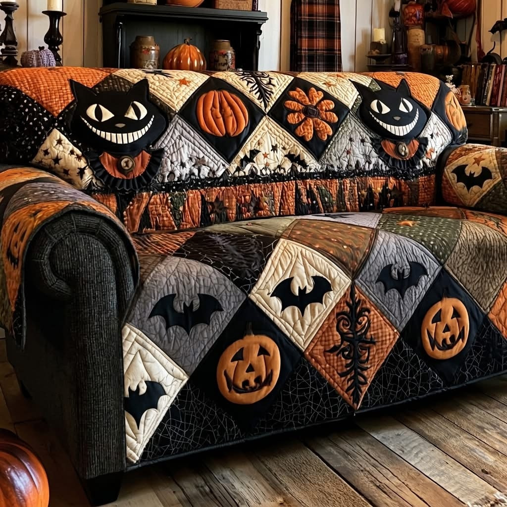 Black Cat Halloween Jack O Lantern Quilted Sofa Cover Spooky Bat Home Decor Halloween Gift