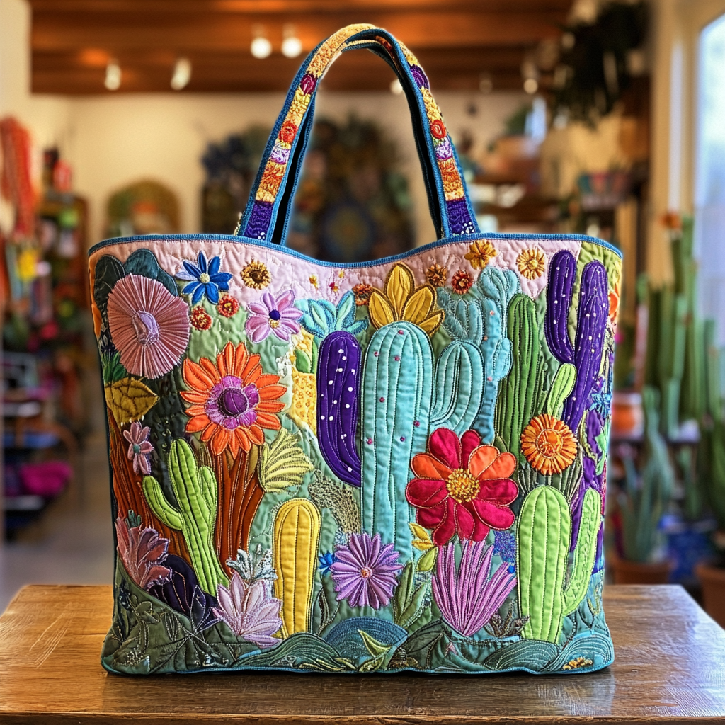 Blooming Cactus Quilted Tote Bag Best Mom Tote Bag Mexican Birthday Presents