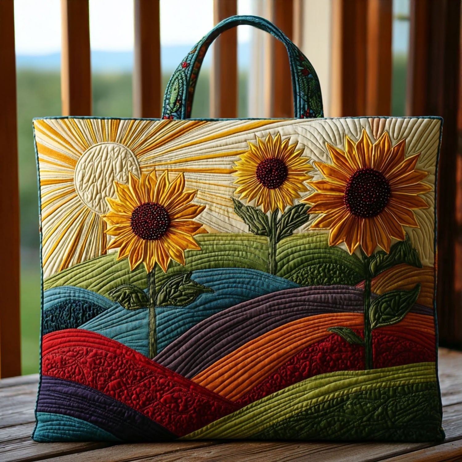 Blooming Meadows Quilted Tote Bag Best Everyday Shoulder Bag Sunflower Theme Gifts Merchandise