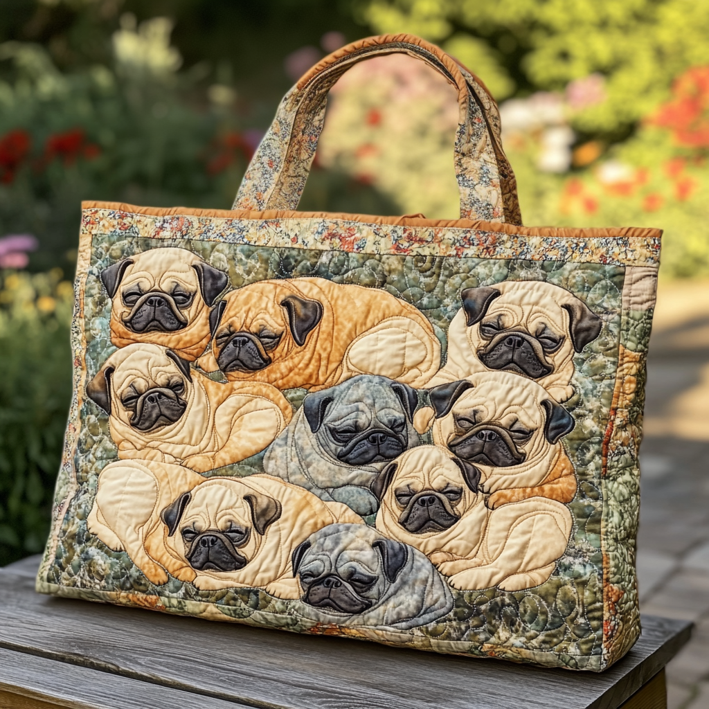 Blooming Pug Quilted Tote Bag Shoulder Bag Hobo Gift Ideas For Pug Lovers